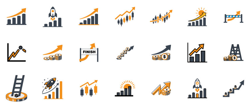 Business graphs and charts icons. Business infographics icons. Statistic and data, charts diagrams, money, down or up arrow, economy reduction. Financial chart. Vector illustration.