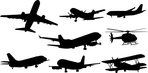 Set of Airplane and Helicopter Silhouettes - Aircraft Vector Icons © Vector 4 You