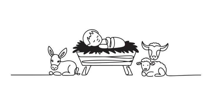 the Jesus Christ baby in a manger. Continuous line christmas feeder for animals icon.one line vector illustration on white background