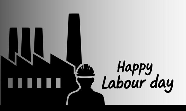 Happy Labour Day illustration with minimalist factory building and construction worker silhouette in grey tones with elegant script typography, perfect for Workers Day greetings, social media posts