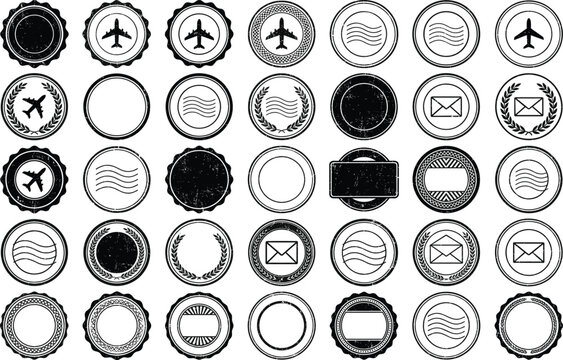 Vintage postal stamp silhouette illustration collection featuring airplane, envelope, laurel wreath, postal lines, distressed texture, travel mail concept, vector design set