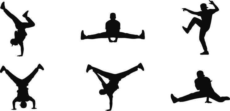 Breakdancer silhouette illustration collection featuring acrobatic moves, handstands, splits, dynamic leg positions, street dance performance concept, vector graphic design set