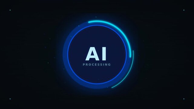 A futuristic blue circle logo depicts AI processing with glowing accents on a dark background