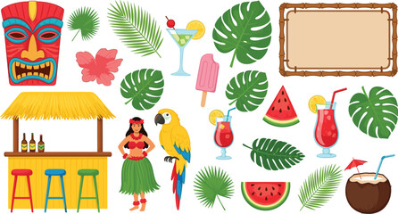 Tropical Summer Vacation Vector Set Featuring Hula Dancer Macaw Parrot Tiki Bar Bamboo Frame and Exotic Fruit Cocktails for Island Holiday Party Designs © MdRoni