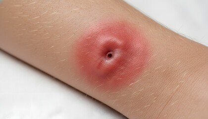 Fototapeta premium Close up macro of a swollen bee sting reaction on human skin for severe allergies concept, showing red inflammation, local swelling, and a puncture mark needing medical treatment