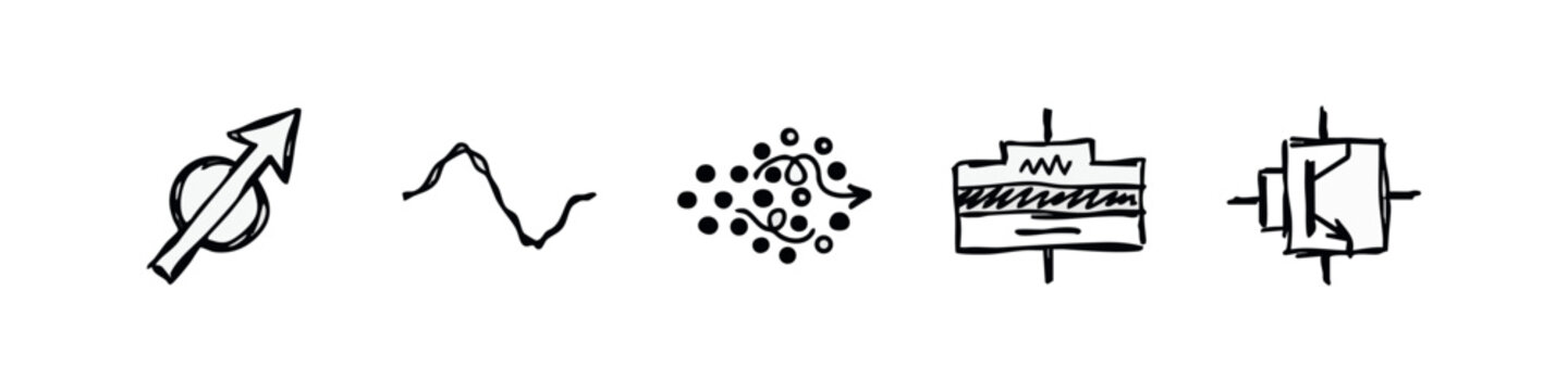 Hand-drawn icons: electronic component, wave, particles, diode, transistor