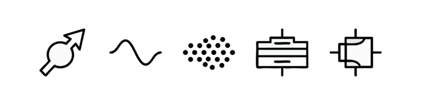 Outline icons: electronic component, wave, particles, diode, transistor