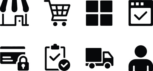 Ecommerce platform icon set, filled vector illustration of online shopping store cart and product listing symbols for digital commerce and retail interface design. © Clinton Black