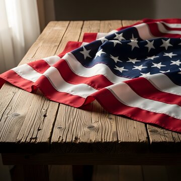 Draped american flag on wooden surface patriotic symbolism and national pride