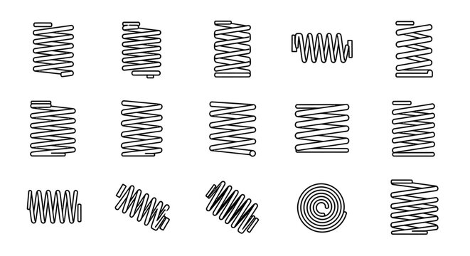 spring icon set vector illustration featuring various types of coil springs and spiral designs for industrial design and engineering.