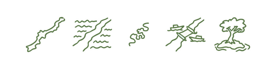 Hand-drawn vector icons of geography and nature: island, coastline, river, boats, tree © liubomir118809