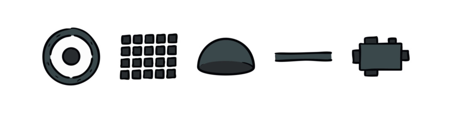 Doodle icons: Target, grid, dome, minus sign, cube with connectors