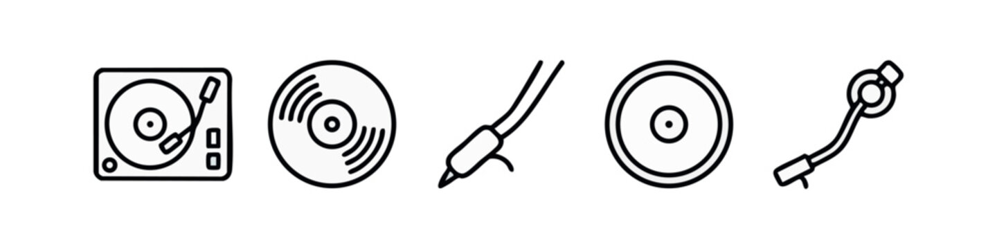 Line art icons: Turntable, record, stylus, record, tonearm