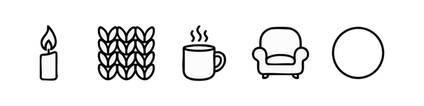 Line art icons: Candle, knit pattern, coffee mug, armchair, circle