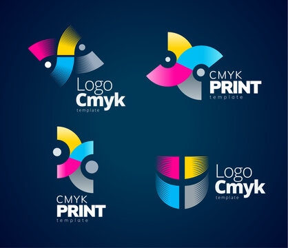 Set Logo CMYK Print. Abstract Rolled Work. Polygraphy theme. Template design vector. Black background.