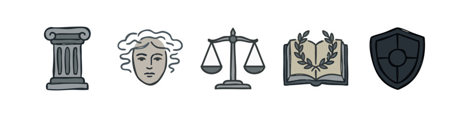 Naklejka premium Gray icons: column, face, scales of justice, open book, shield