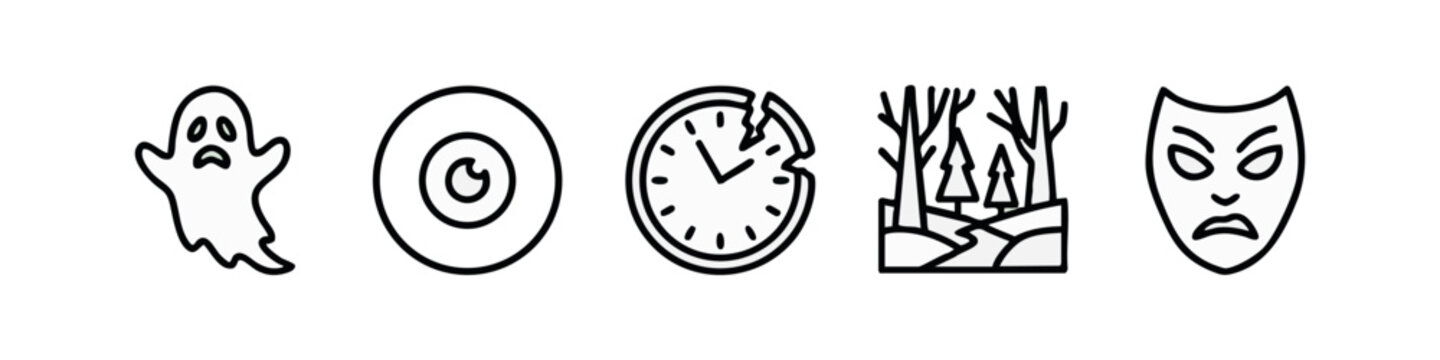 Outline icons: ghost, spiral eye, broken clock, forest, theatrical mask
