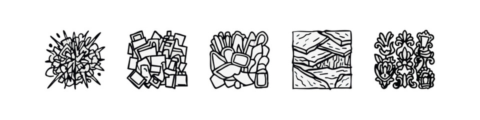 Fototapeta premium Doodle Icons: Starburst, Blocks, Random Shapes, Layered Squares, Ornate Pattern