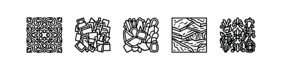 Obraz premium Line Art Icons: Ornate Pattern, Blocks, Random Shapes, Layered Squares