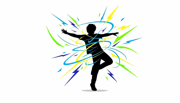 Silhouette of an energetic child dancing with colorful abstract light trails around them.