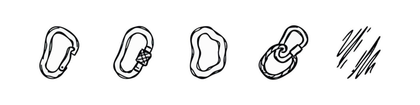 Doodle icons: carabiners, abstract shapes, knot