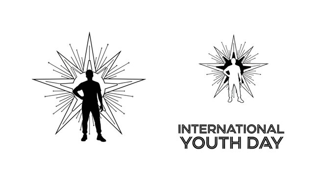 International Youth Day vector illustration with silhouette of a young man and starburst pattern.