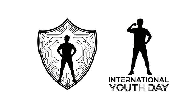 International Youth Day graphic featuring silhouettes of empowered youth and a circuit board shield design.