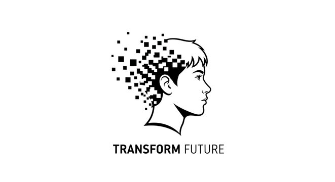 Human head profile with pixelated disintegration effect and transform future text.