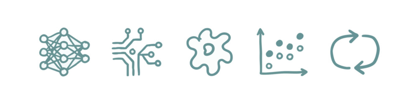 Set of 5 icons for artificial intelligence: neural network, circuit board, abstract shape, scatter plot, refresh