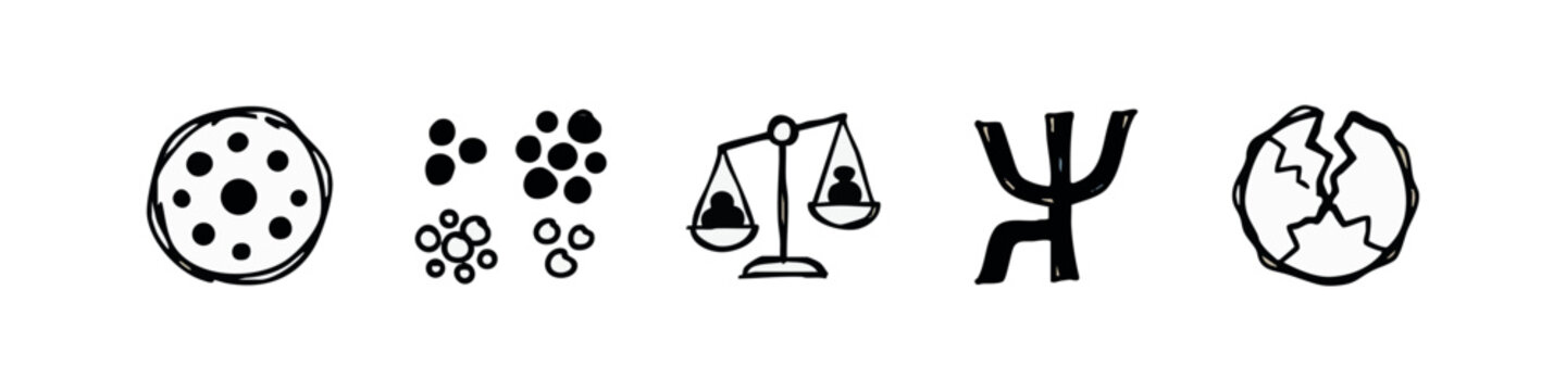 Set of 5 icons for psychology and mental health: circle, dots, scales, psi symbol, shield