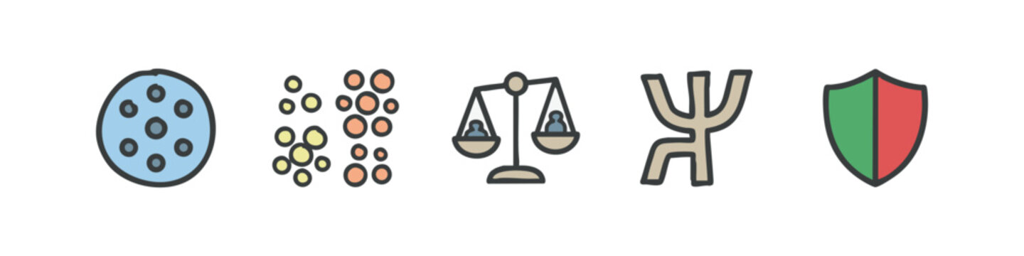 Set of 5 colored icons for psychology and mental health: circle, dots, scales, psi symbol, shield