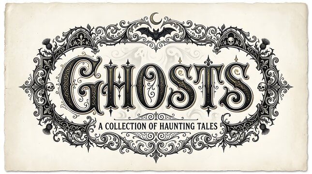 Ghostly Whispers: An antique artistic image presents a collection of haunting tales. The ornate frame surrounds the word GHOSTS, above A collection of haunting tales.