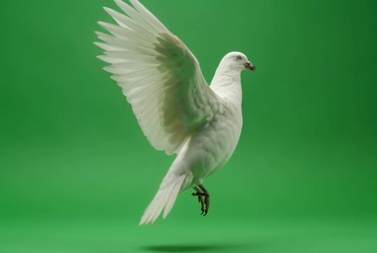 A white dove stands on a green background with one wing spread wide in this calming video.