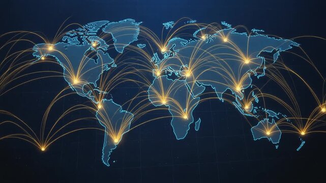 World map with connecting lines between countries, showing global trade