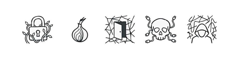 Fototapeta premium Hand Drawn Cyber Security and Dark Web Sketch Icons with Skull Onion and Hacker