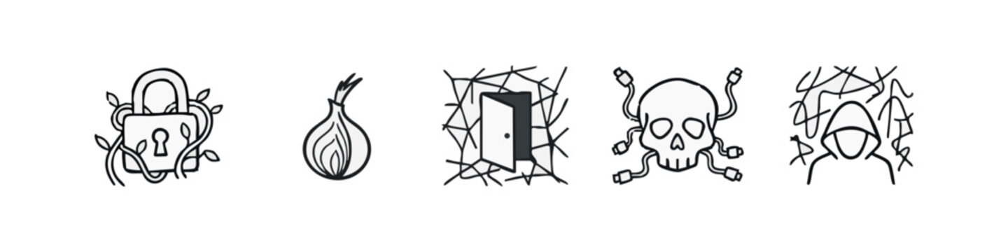 Hand Drawn Cyber Security and Dark Web Sketch Icons with Skull Onion and Hacker