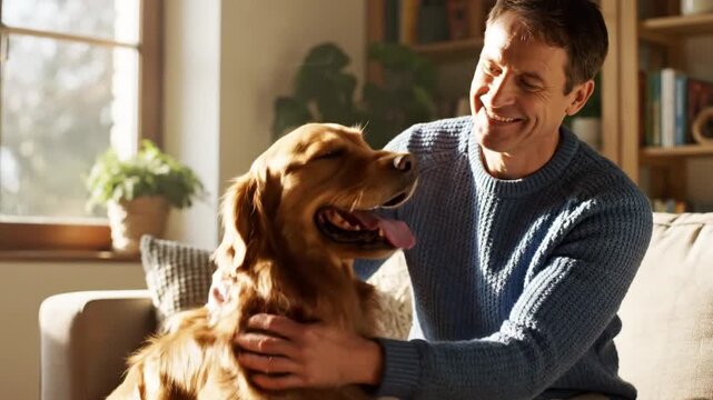 A happy golden retriever dog sits on a living room sofa with its mouth open and tongue out while being petted by a smiling man wearing a blue sweater in bright sunlight.