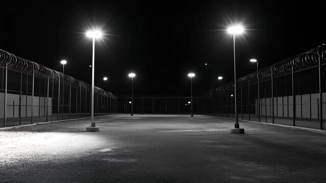 A dark prison yard is lit by bright lights, enclosed by high barbed wire fences creating a stark environment during the night