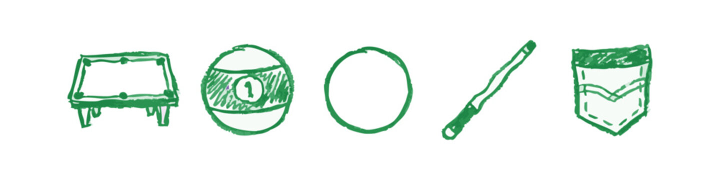 Billiard and Pool Themed Green Hand-Drawn Icon Collection