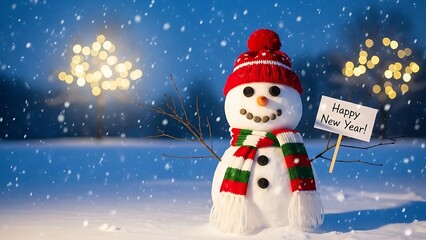 Obraz premium Snowman with happy new year sign in a snowy winter scene with lights