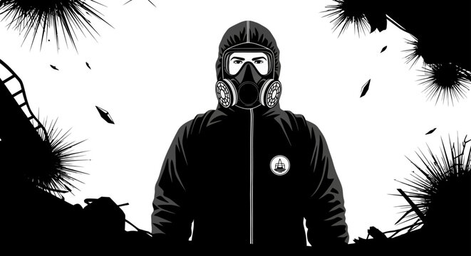 person in protective hazmat suit and gas mask faces toxic environmental disaster symbolizing crisis pandemic and survival.