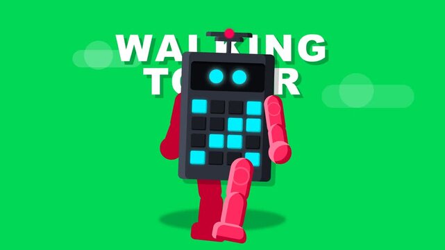 Animated Robot Character Guide Walking on Green Background with Walking Tour Text for Travel Technology Concept