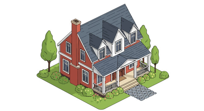 Isometric Suburban Red Brick House Vector Illustration with Porch and Green Garden for Real Estate and Architecture Concept