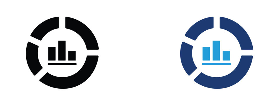 Minimalist data visualization icons, circular donut chart with bar graph center, professional business analytics vector set in black and blue