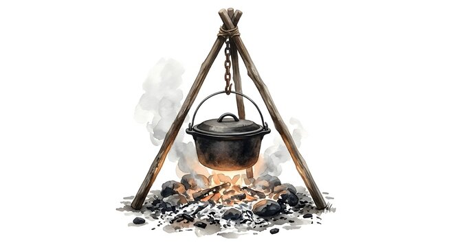 Watercolor illustration of a rustic cast iron pot hanging on a wooden tripod over a campfire. Vintage outdoor cooking and bushcraft scene isolated on white background.