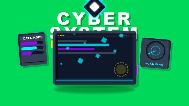 Futuristic Cybersecurity Interface Animation with Data Node and System Scanning Elements on Green Background