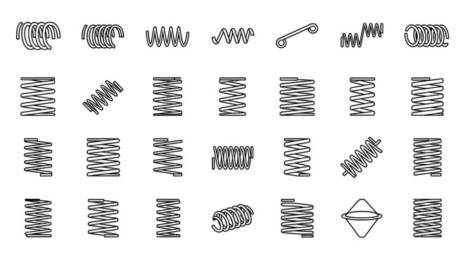 spring icons set illustrating diverse mechanical springs in a clean line art style perfect for engineering and industrial design