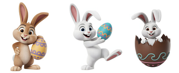 Obraz premium Three cute cartoon rabbits wearing different colored shirts and holding bunny white rabbit brown rabbit