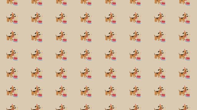 Cartoon beagle dogs with birthday cake repeating pattern beige background playful pet celebration design