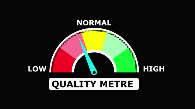 Metre Gauge Meter with Colorful Sections and Moving Needle on Black Background for Business Presentation.